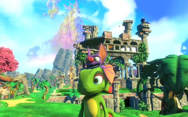 HD desktop wallpaper featuring characters from Yooka-Laylee in a vibrant, colorful landscape with a whimsical castle in the background.