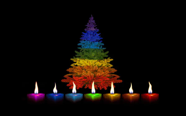 HD desktop wallpaper featuring a colorful Christmas tree with flames on candles in front, creating a vibrant holiday atmosphere.
