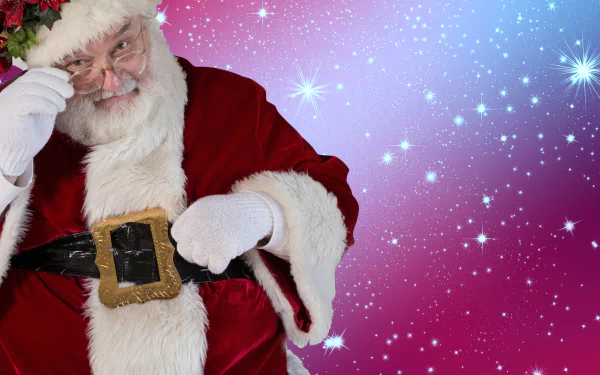 Santa Claus adjusts his belt against a sparkling starry background in this vibrant 4K Ultra HD holiday Christmas PC desktop wallpaper.