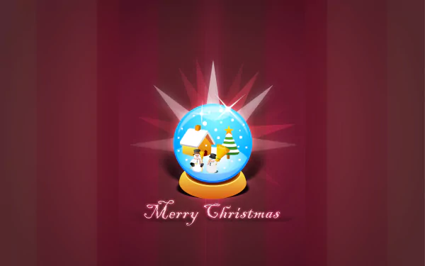 HD PC desktop wallpaper featuring a festive Christmas snow globe with a snowy house and tree, set against a red background with Merry Christmas text.