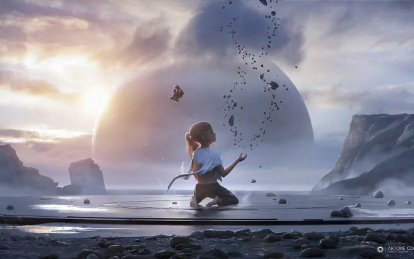 HD desktop wallpaper featuring a little girl in a magical, fantasy landscape with floating rocks and a glowing sky.