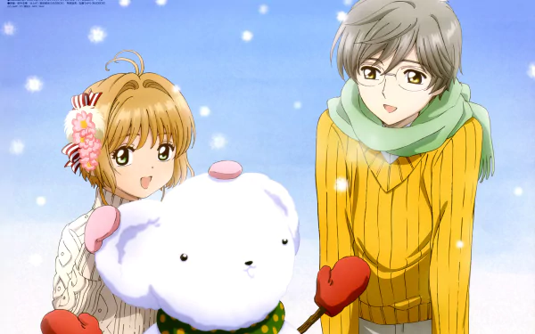 4K Ultra HD wallpaper featuring Yukito Tsukishiro and Sakura Kinomoto from Cardcaptor Sakura, standing together with a large white bear plush against a snowy background.