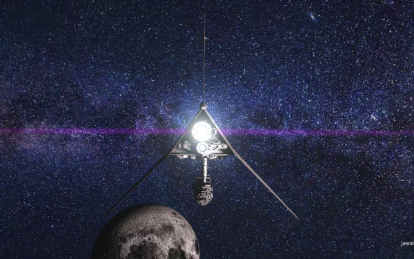 CGI 3D depiction of a T-16 Skyhopper robot in deep space, with stars and a moon-like planet in the background, rendered in 4K Ultra HD for a sci-fi Star Wars theme.