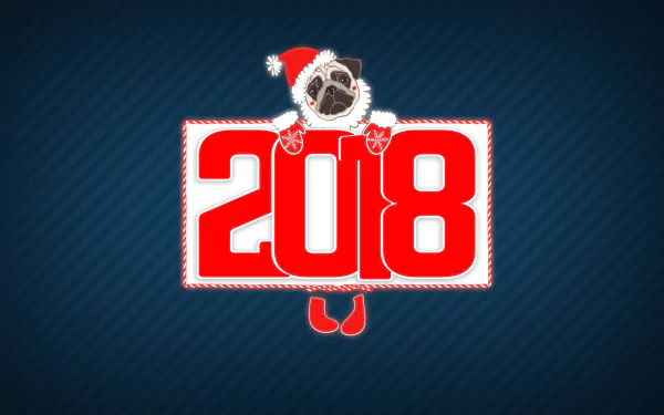 HD desktop wallpaper featuring a festive pug wearing a Santa hat, holding a bright red 2018 sign to celebrate the New Year holiday.