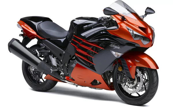 HD desktop wallpaper featuring a Kawasaki Ninja ZX-14R motorcycle in striking orange and black, showcasing the Kawasaki ZZR design and branding.