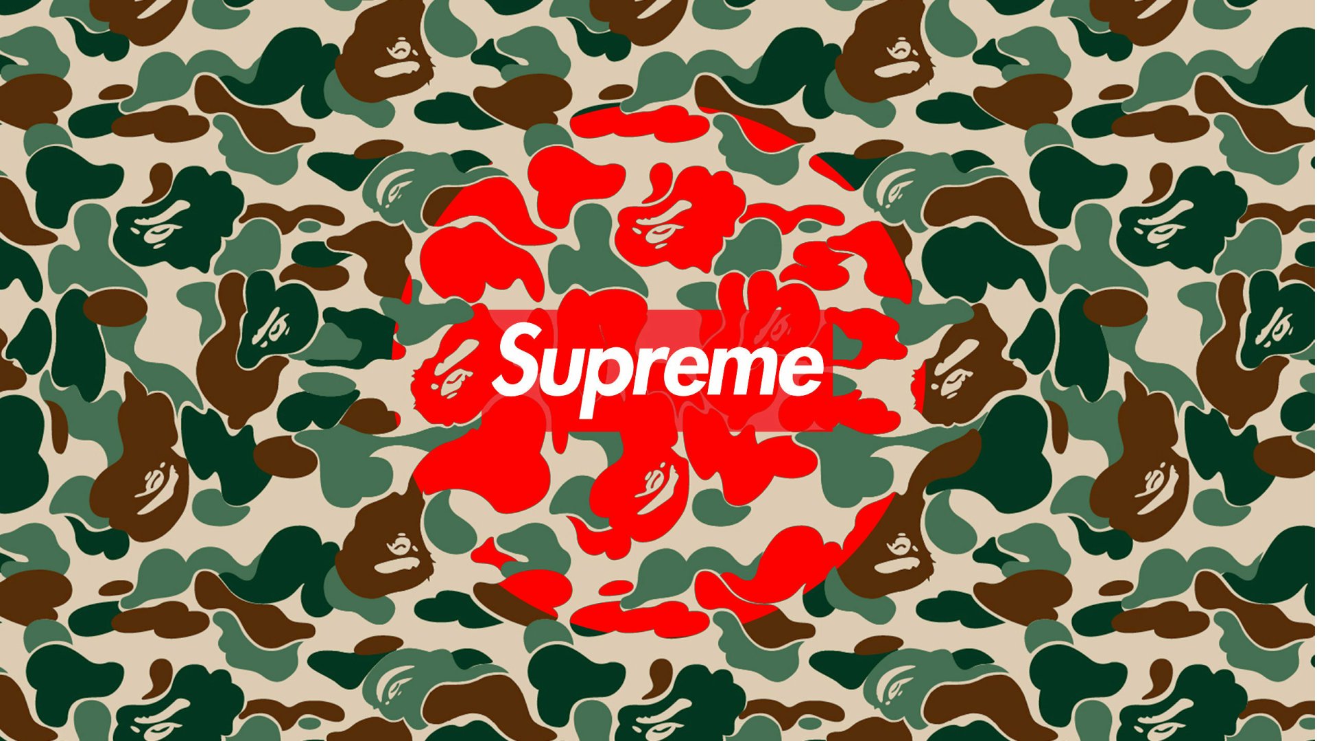 HD desktop wallpaper featuring a camouflage pattern with the red Supreme brand logo in the center.