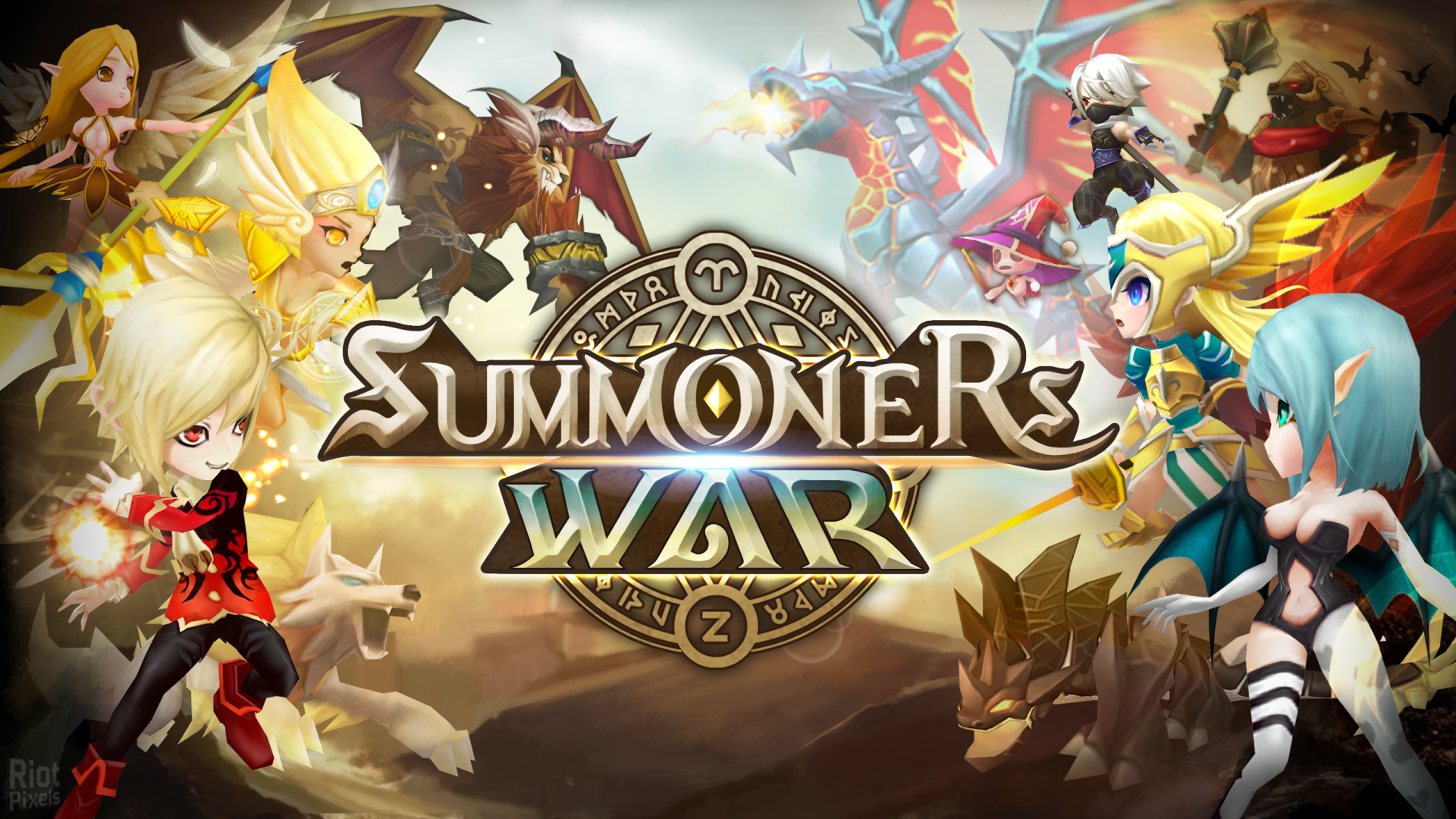 HD desktop wallpaper of Summoners War: Sky Arena featuring game logo and stylized characters ready for battle.