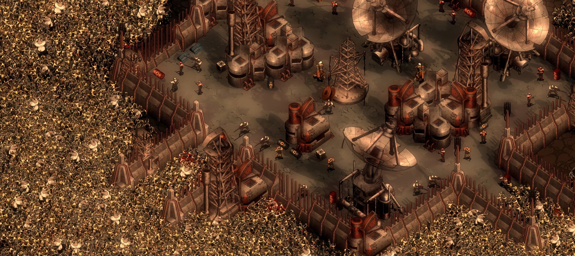 HD wallpaper featuring a steampunk-themed scene from the game They Are Billions with a horde of zombies and fortified structures.