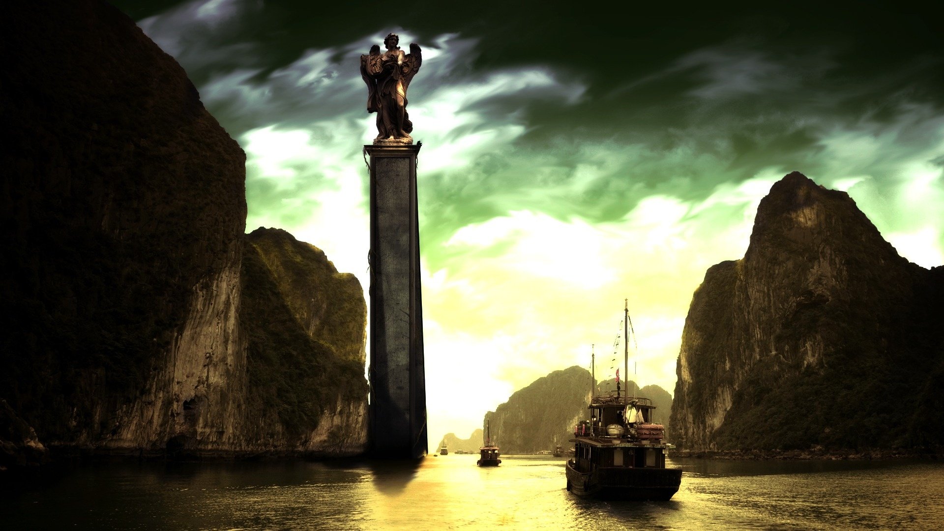 A dramatic fantasy landscape featuring towering pillars and a boat navigating calm waters, set against a vibrant, surreal sky. An enchanting HD wallpaper for desktop backgrounds.