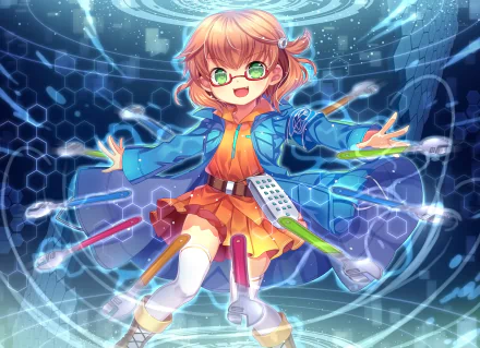 Anime-style original character with glasses and orange outfit surrounded by glowing digital effects, designed as an HD PC desktop wallpaper and background.