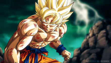 HD desktop wallpaper featuring Goku in his Super Saiyan form from Dragon Ball Z, displaying his muscular physique and intense expression against a dynamic background.