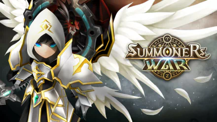 HD wallpaper of a Summoners War: Sky Arena character in striking armor with the game's logo prominently displayed.