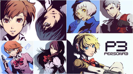 A HD desktop wallpaper featuring characters from Persona 3: Kotone Shiomi, Mitsuru Kirijo, Yukari Takeba, Akihiko Sanada, Elizabeth, Aigis, Makoto Yuki, and Minato Arisato arranged in a collage style.