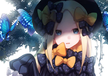 HD PC desktop wallpaper featuring Abigail Williams from Fate/Grand Order in anime style, surrounded by glowing blue butterflies in a dark, enchanting forest setting.