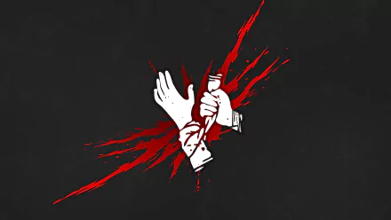 Minimalist 8K Ultra HD Dead by Daylight desktop wallpaper: white bandaged hands on dark background with red blood‑splatter slash — Self‑Care perk icon, minimalist gaming art.