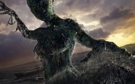 A giant, mythical figure emerges from the ocean, enveloped in swirling water and rich textures, set against a dramatic sky. This HD fantasy wallpaper captivates the imagination.