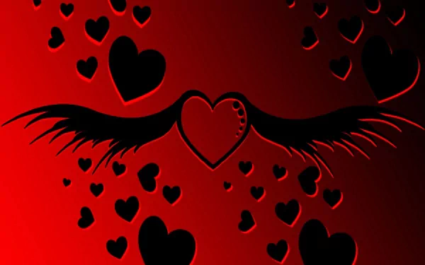 HD desktop wallpaper featuring an artistic design with a central black heart with wings, surrounded by scattered smaller black hearts on a dark red background, evoking themes of love.