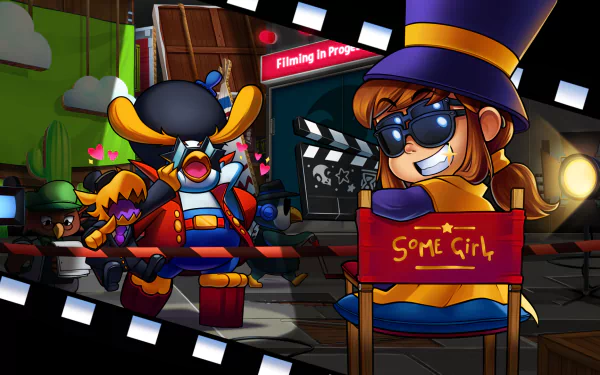HD wallpaper featuring characters from A Hat in Time: a girl in a top hat sitting confidently, with a clapperboard and a character in a bird costume nearby.
