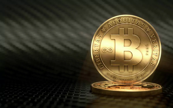 HD wallpaper featuring a shiny Bitcoin on a textured dark background, symbolizing cryptocurrency.