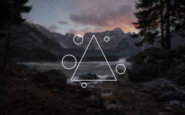 Artistic polyscape mountain dusk with lake and triangle/circle geometric overlay - 4K Ultra HD PC desktop wallpaper and background.
