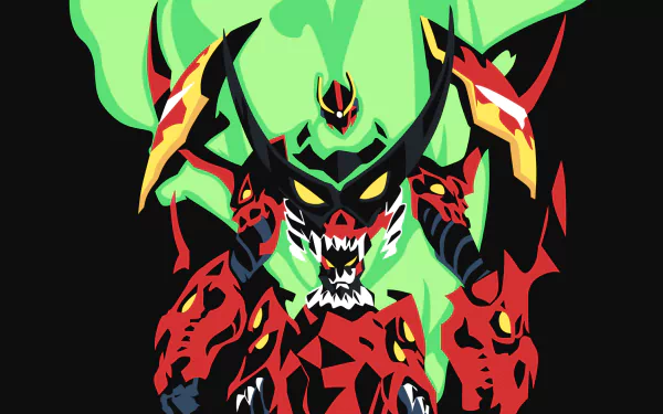 Minimalist mecha artwork from the Anime Tengen Toppa Gurren Lagann, featuring vibrant colors and bold lines against a black background. HD desktop wallpaper and background.