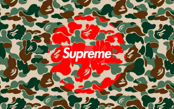 HD desktop wallpaper featuring a camouflage pattern with the red Supreme brand logo in the center.