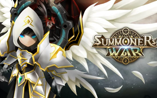 HD wallpaper of a Summoners War: Sky Arena character in striking armor with the game's logo prominently displayed.