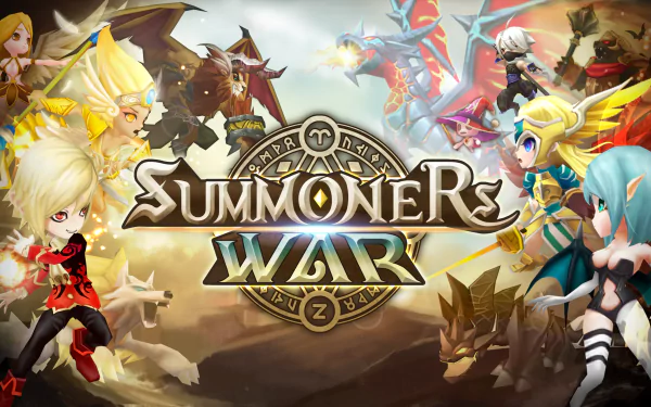 HD desktop wallpaper of Summoners War: Sky Arena featuring game logo and stylized characters ready for battle.