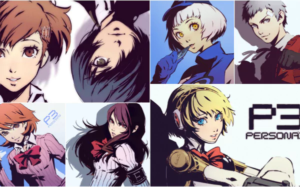 A HD desktop wallpaper featuring characters from Persona 3: Kotone Shiomi, Mitsuru Kirijo, Yukari Takeba, Akihiko Sanada, Elizabeth, Aigis, Makoto Yuki, and Minato Arisato arranged in a collage style.