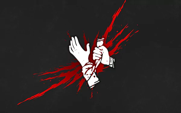 Minimalist 8K Ultra HD Dead by Daylight desktop wallpaper: white bandaged hands on dark background with red blood‑splatter slash — Self‑Care perk icon, minimalist gaming art.