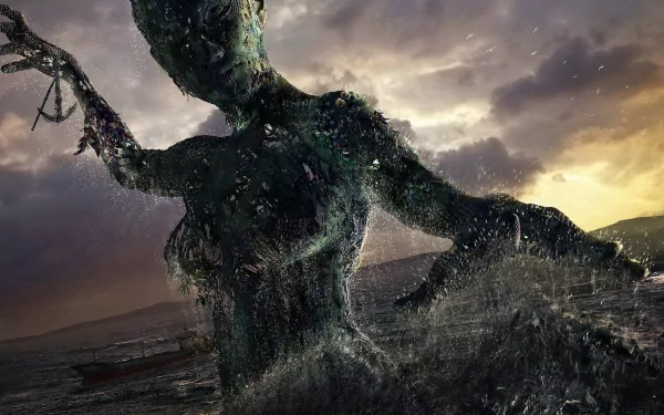 A giant, mythical figure emerges from the ocean, enveloped in swirling water and rich textures, set against a dramatic sky. This HD fantasy wallpaper captivates the imagination.