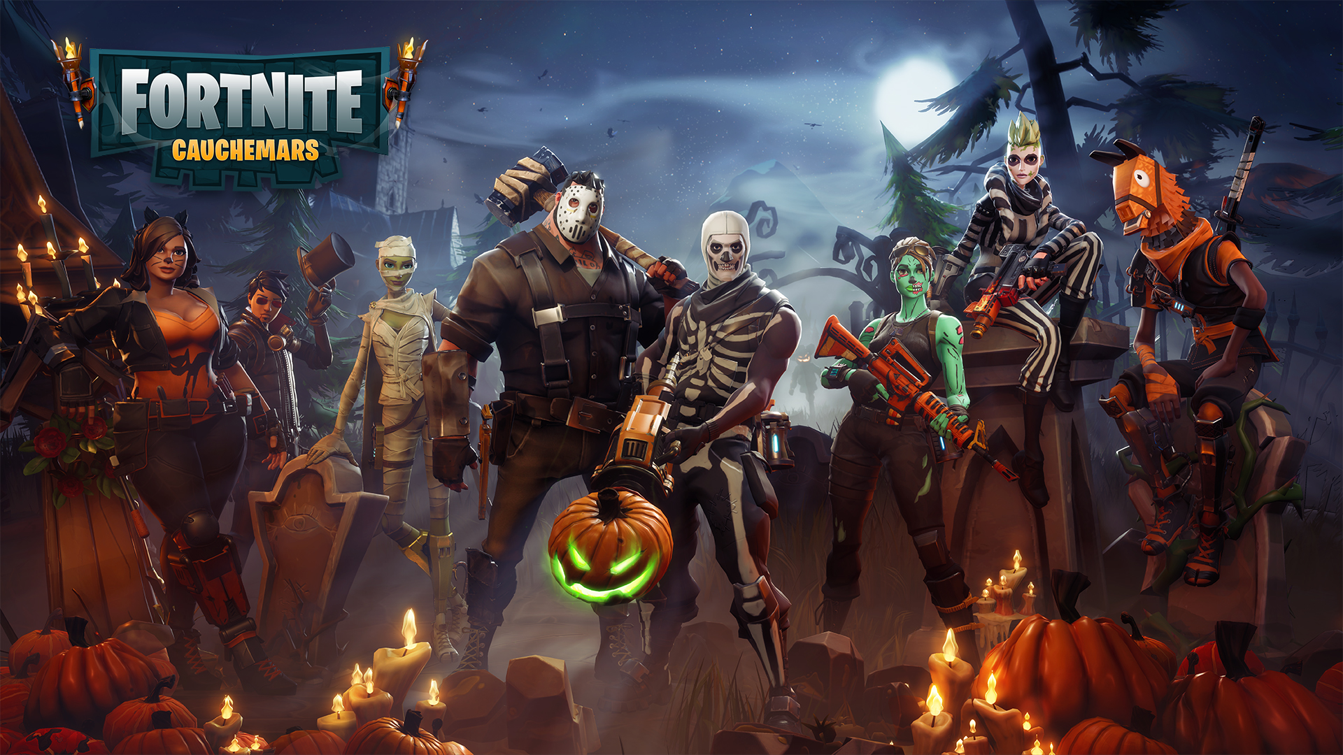 HD desktop wallpaper of Fortnite characters dressed in Halloween costumes with a spooky backdrop, titled Fortnitemares.