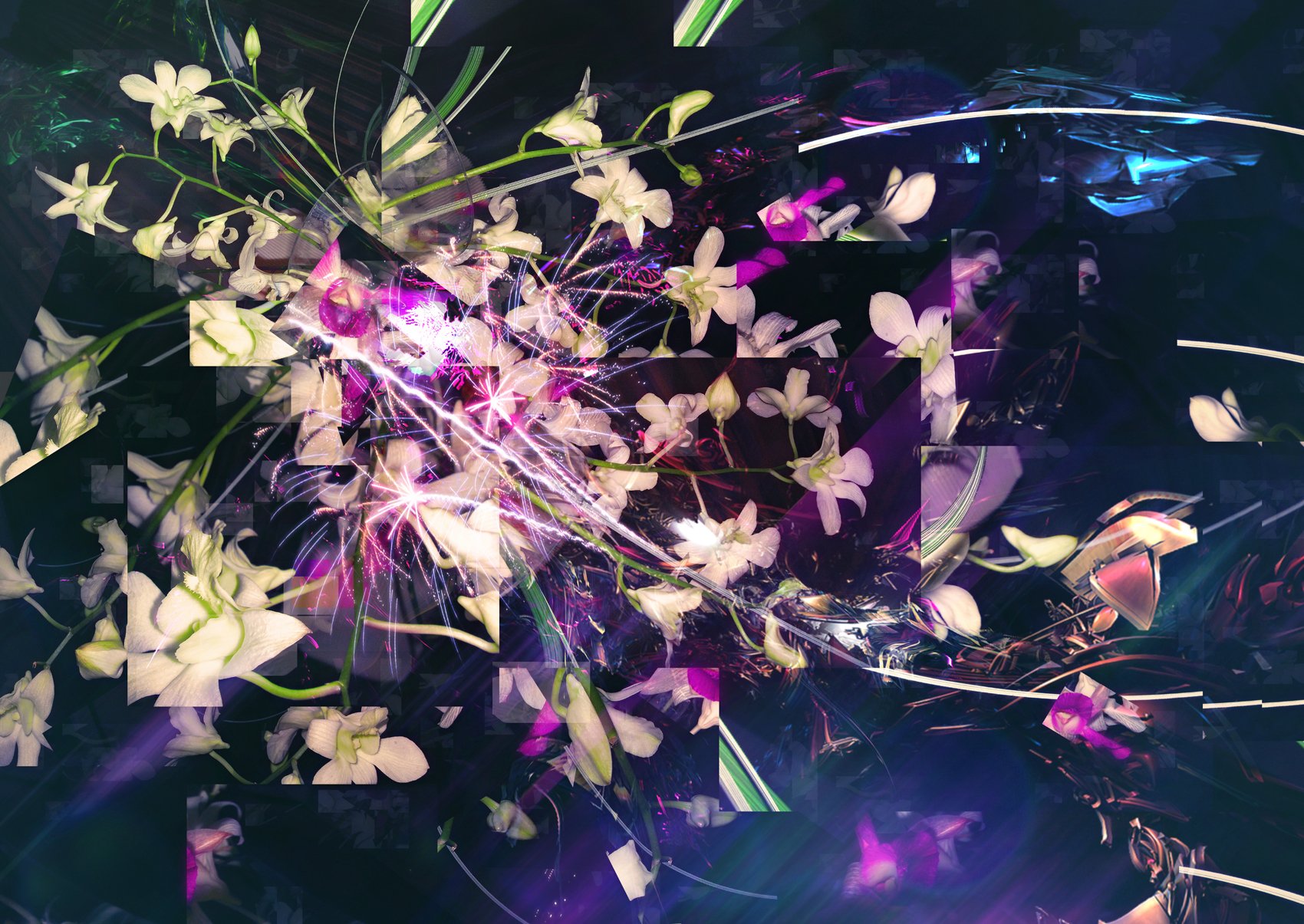 A vibrant, artistic depiction of flowers entwined with colorful, abstract elements, creating an enchanting nature-inspired HD desktop wallpaper.