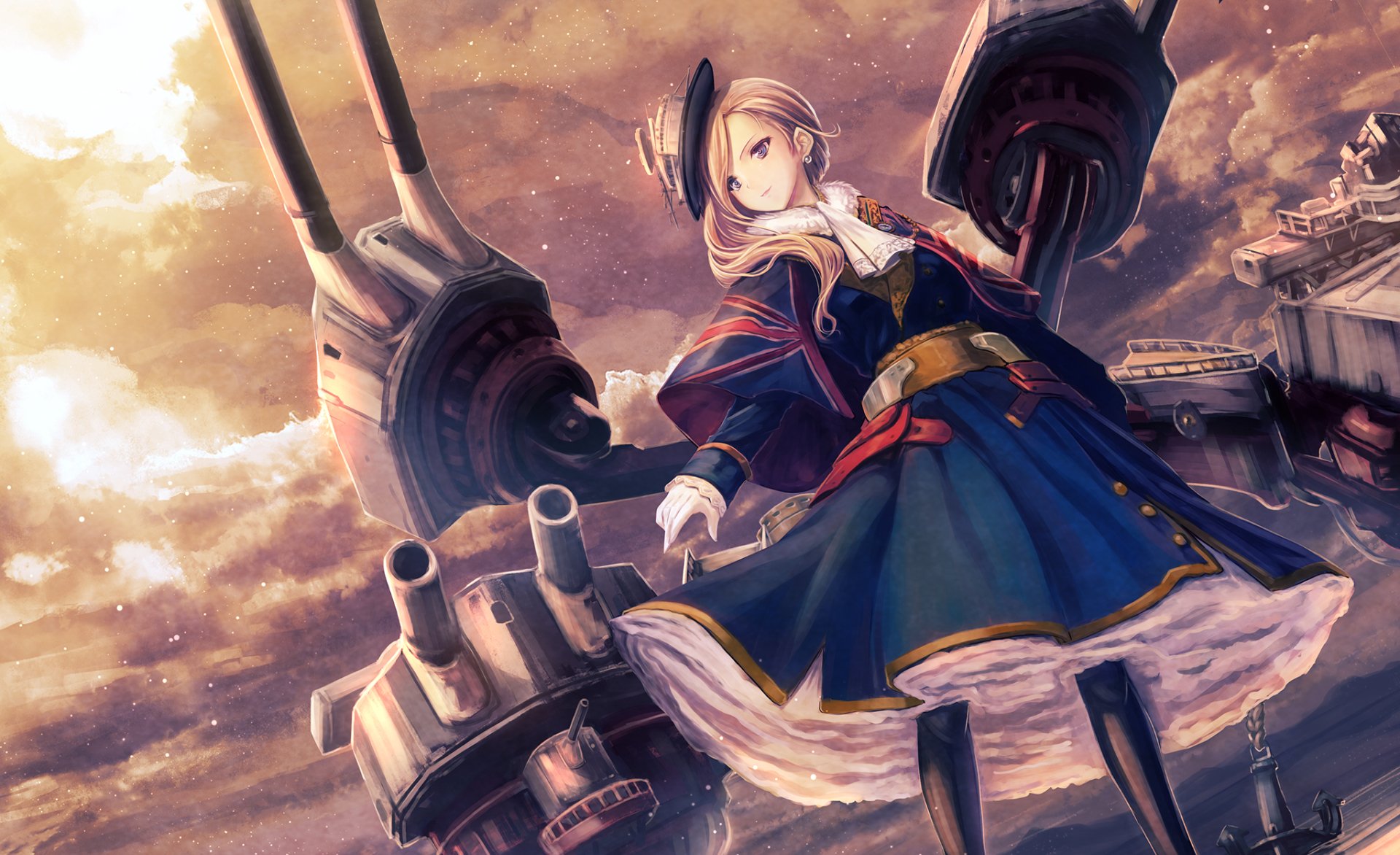 HD desktop wallpaper featuring Hood from Azur Lane, an anime character, set against a dramatic sky backdrop with large ship cannons in the background.