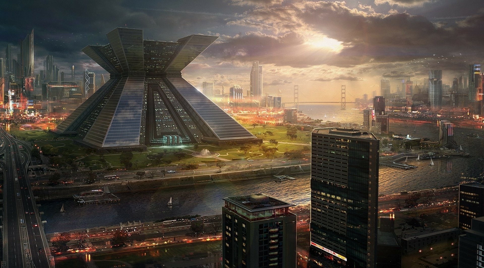 HD PC desktop wallpaper showcasing a futuristic sci-fi cityscape with towering buildings, advanced architecture, and a glowing skyline under a dramatic sky.