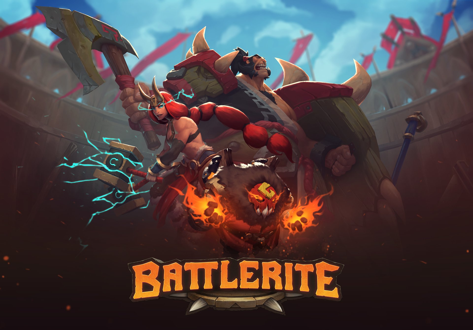 HD desktop wallpaper featuring dynamic characters from the game Battlerite in a stylized arena backdrop.