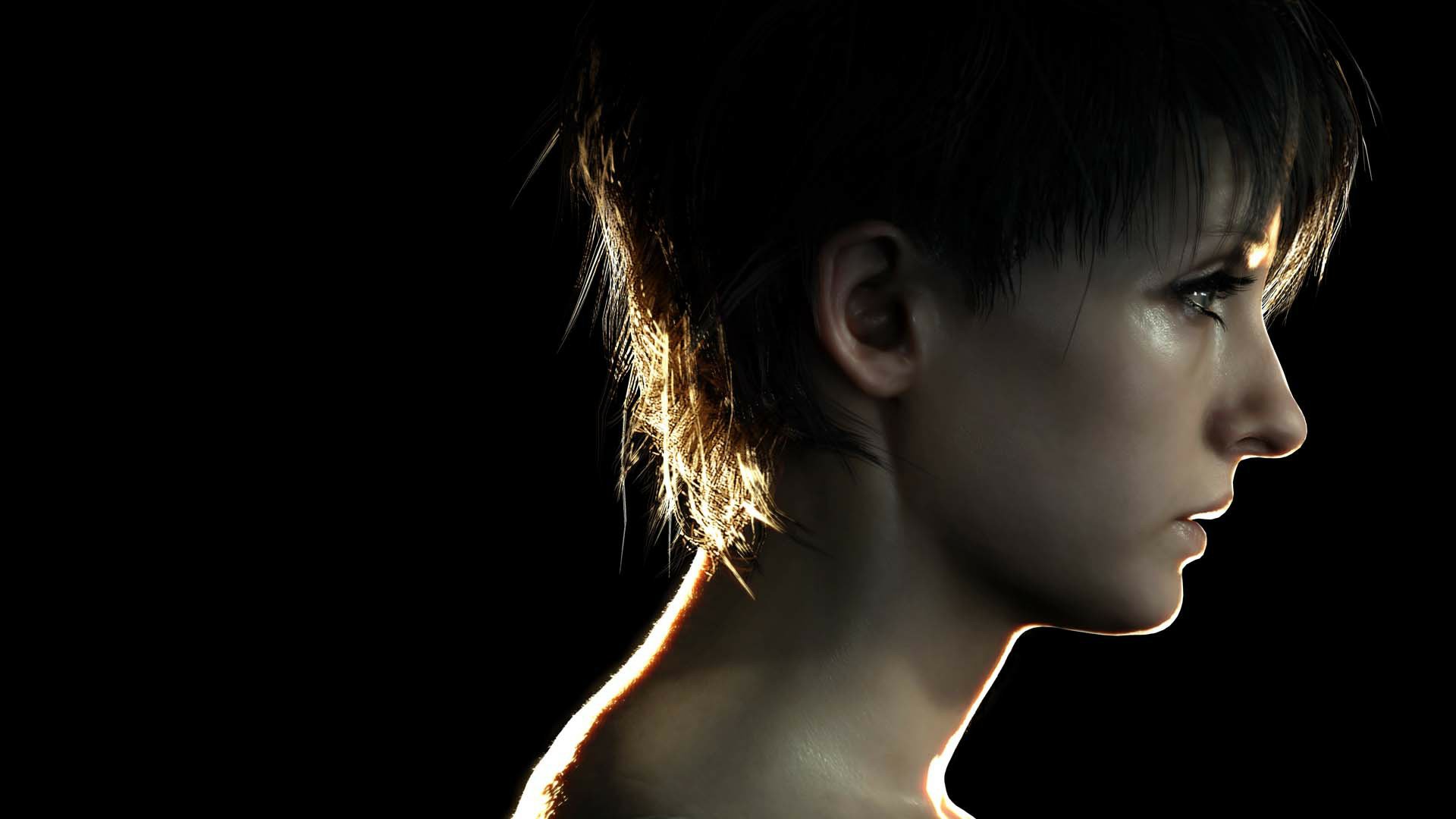 HD PC desktop wallpaper featuring a side profile of a character from the video game Resident Evil 7: Biohazard against a dark background.
