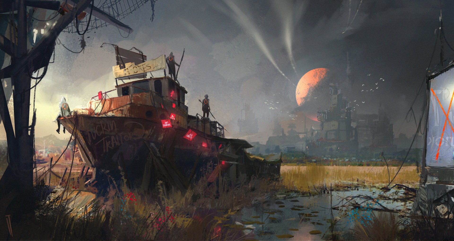 HD desktop wallpaper depicting a post-apocalyptic sci-fi city with a warrior on a wrecked boat. A dystopian skyline and a looming red planet create a dramatic and mysterious atmosphere.