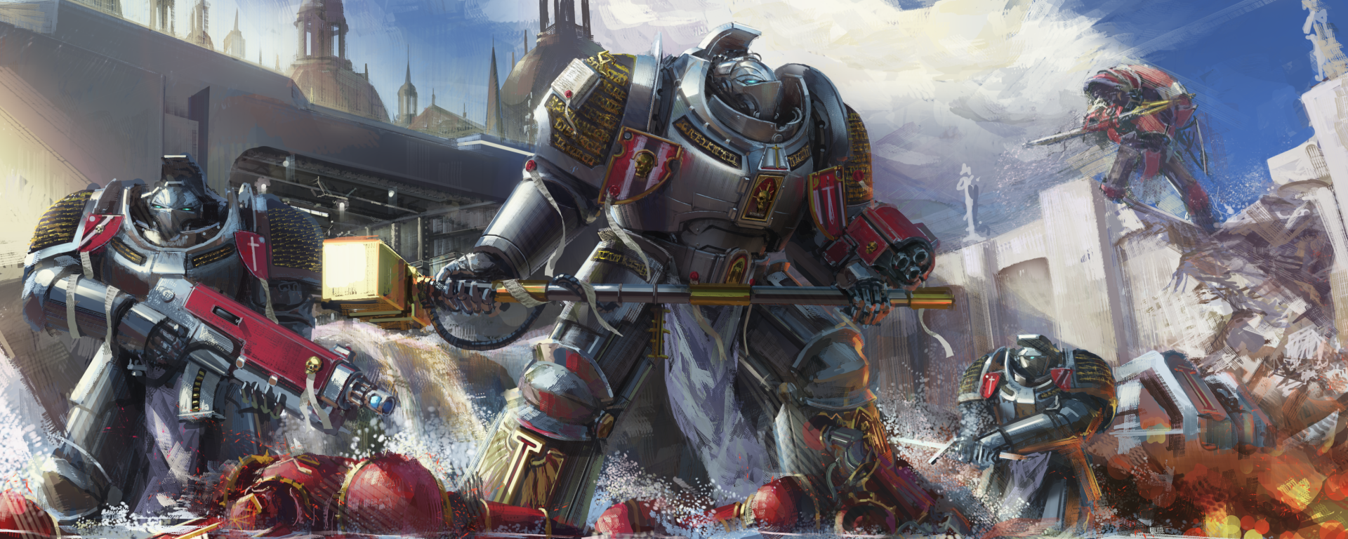 HD wallpaper of a futuristic armored warrior in a Warhammer 40k setting, amidst a battlefield with dramatic visuals featuring intricate armor and intense action.