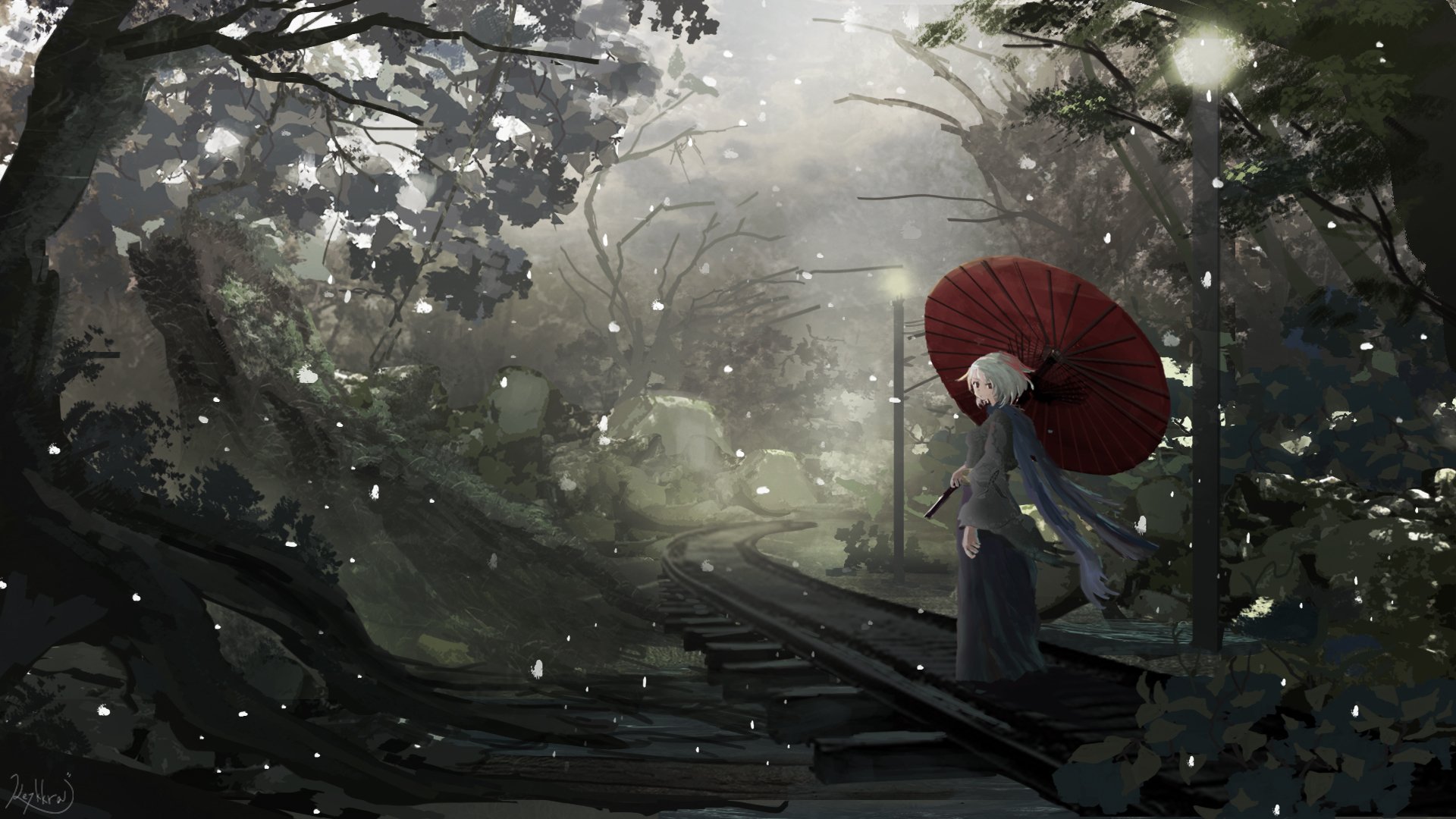 An anime character with white hair stands on a railroad track, holding a red umbrella in a serene, misty forest. The HD wallpaper captures a tranquil, atmospheric scene.