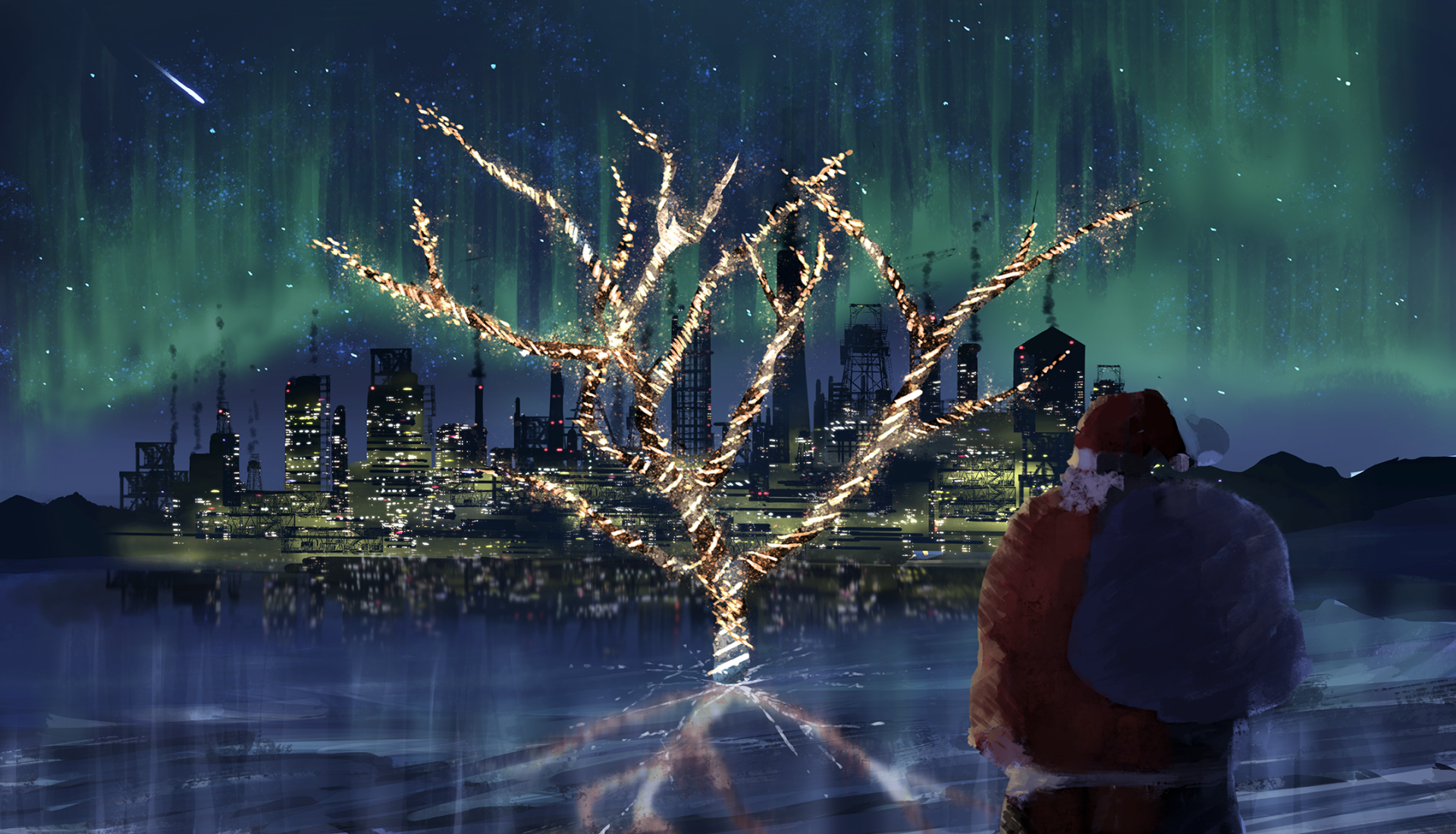 Anime-style Christmas night scene featuring a glowing tree by a lake, with a city skyline beneath an aurora-lit sky, rendered as an HD PC desktop wallpaper.