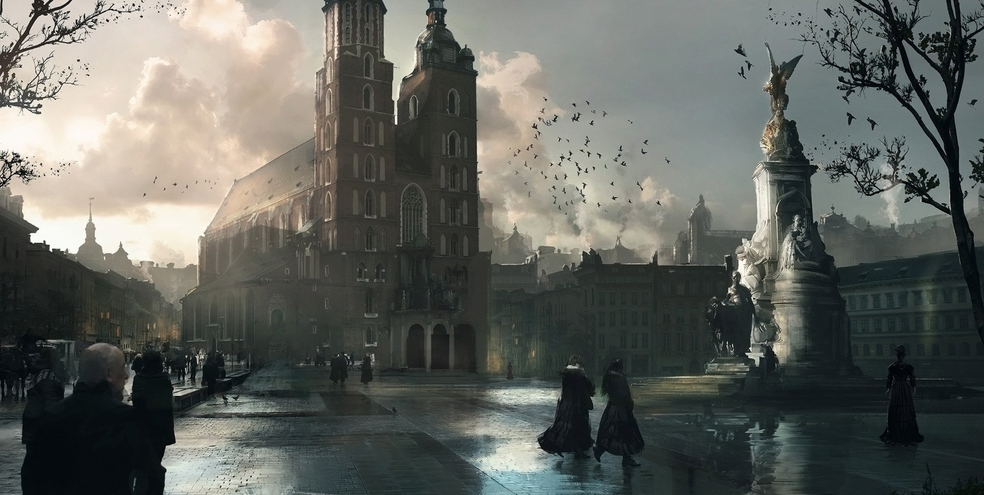HD PC desktop wallpaper depicting a fantasy city at dusk with towering gothic buildings, a statue, and figures walking through a misty, atmospheric square.