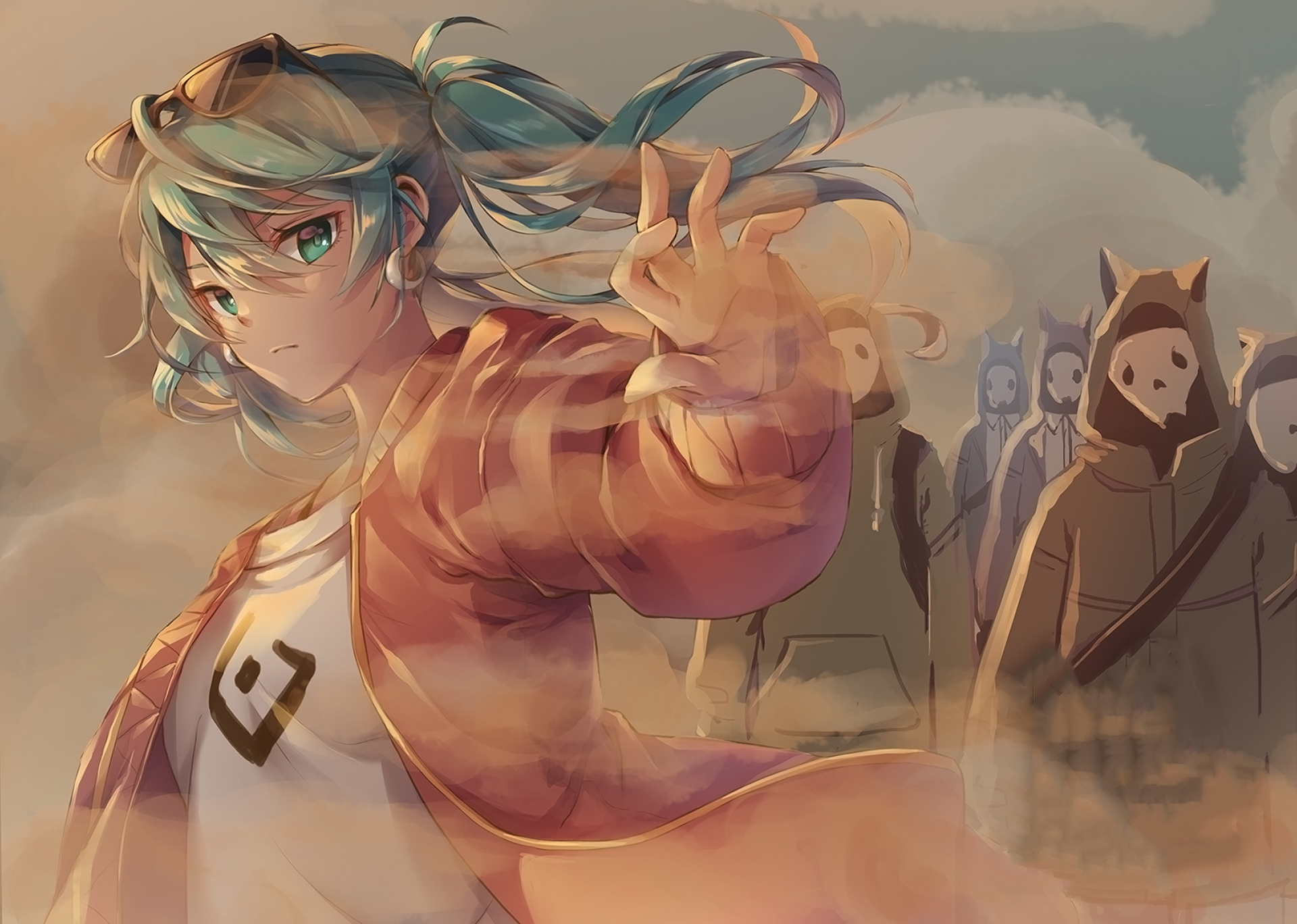 HD PC desktop wallpaper of Hatsune Miku (Vocaloid) in anime style, teal twin-tails and oversized jacket reaching toward the viewer as masked figures emerge in a misty background.