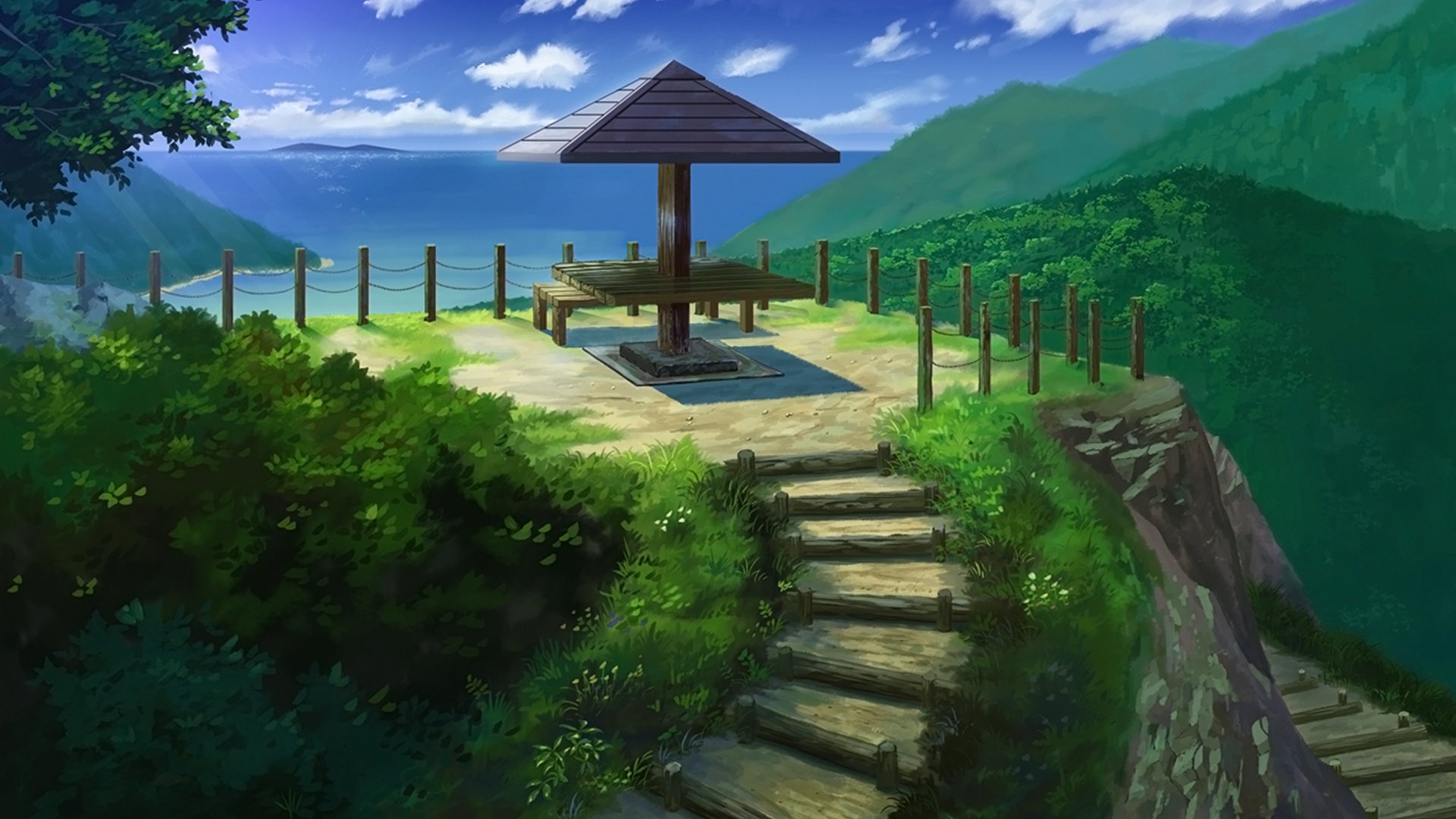 Anime-style HD desktop wallpaper featuring stone steps leading to a wooden gazebo on a mountain cliff, surrounded by lush greenery and distant hills under a blue sky.