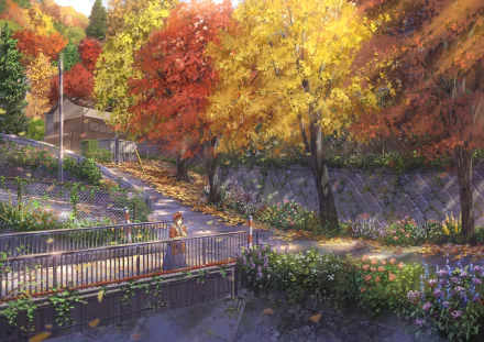 HD anime wallpaper featuring a serene autumn scene with vibrant trees and a picturesque park pathway.