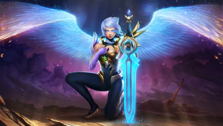HD PC wallpaper of Riven from League of Legends as an angel warrior with short white hair, glowing wings, and a large, glowing sword against a dark, cosmic background.