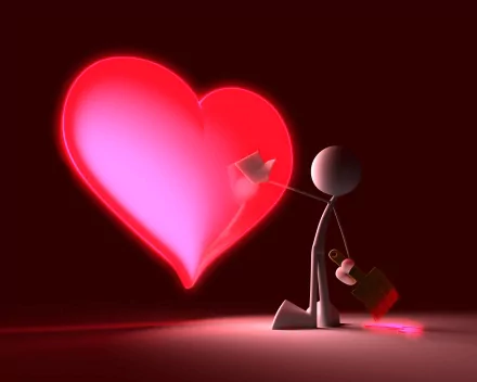 A whimsical artistic illustration of a stick figure painting a glowing heart, set against a deep red background. This HD wallpaper adds a vibrant touch to any desktop.