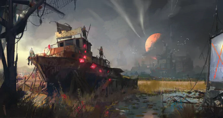 HD desktop wallpaper depicting a post-apocalyptic sci-fi city with a warrior on a wrecked boat. A dystopian skyline and a looming red planet create a dramatic and mysterious atmosphere.
