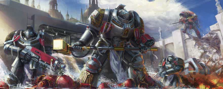 HD wallpaper of a futuristic armored warrior in a Warhammer 40k setting, amidst a battlefield with dramatic visuals featuring intricate armor and intense action.