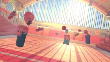 HD wallpaper of a vibrant Rec Room with animated characters engaging in dodgeball activities.